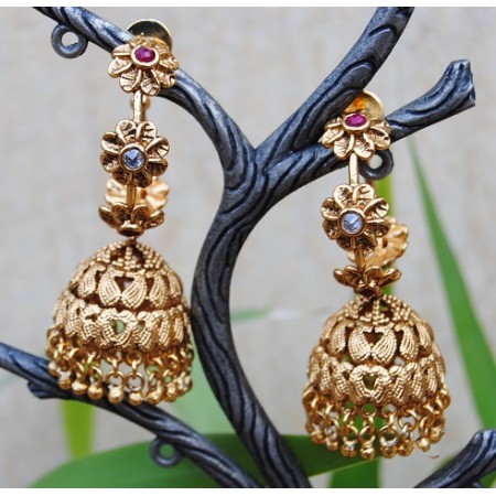 Floral Red And White Bali Pearl Jhumkas